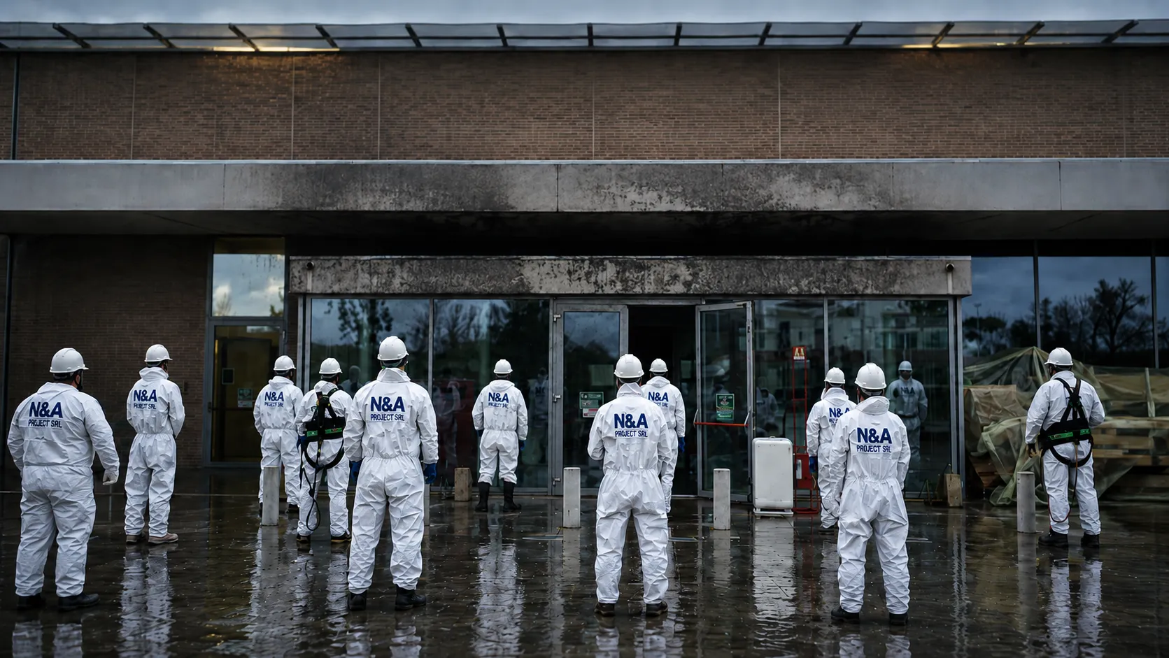 La squadra di N&A Project in tuta protettiva davanti a un edificio da mettere in sicurezza e bonificare dopo un evento dannoso